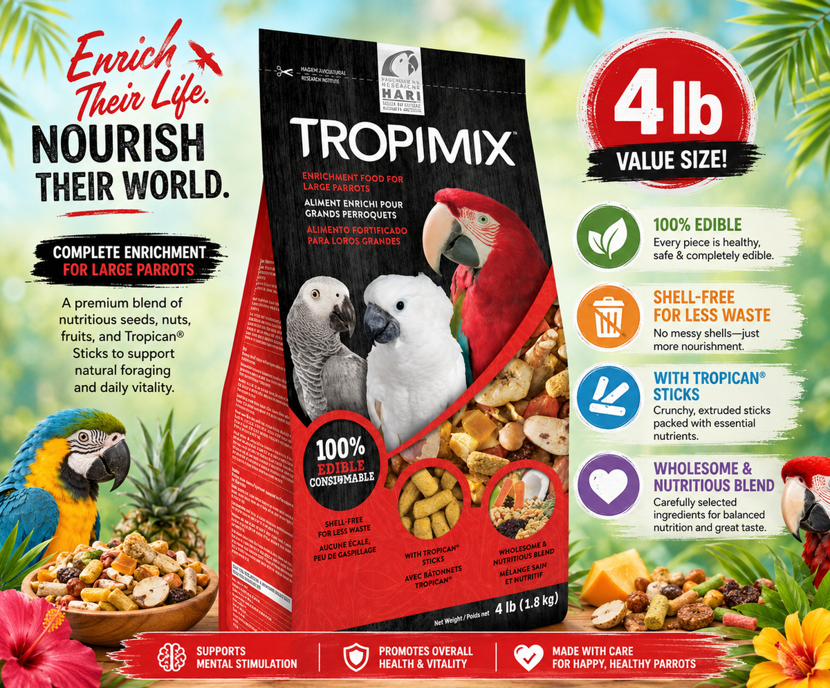 Tropimix Large Parrot Enrichment Mix by Hagen for Amazons, Macaws, Cockatoos, Greys, Eclectus, and large parrots with grains, fruits, nuts, legumes, and extruded Tropican sticks 4 lb bag Promotional Image