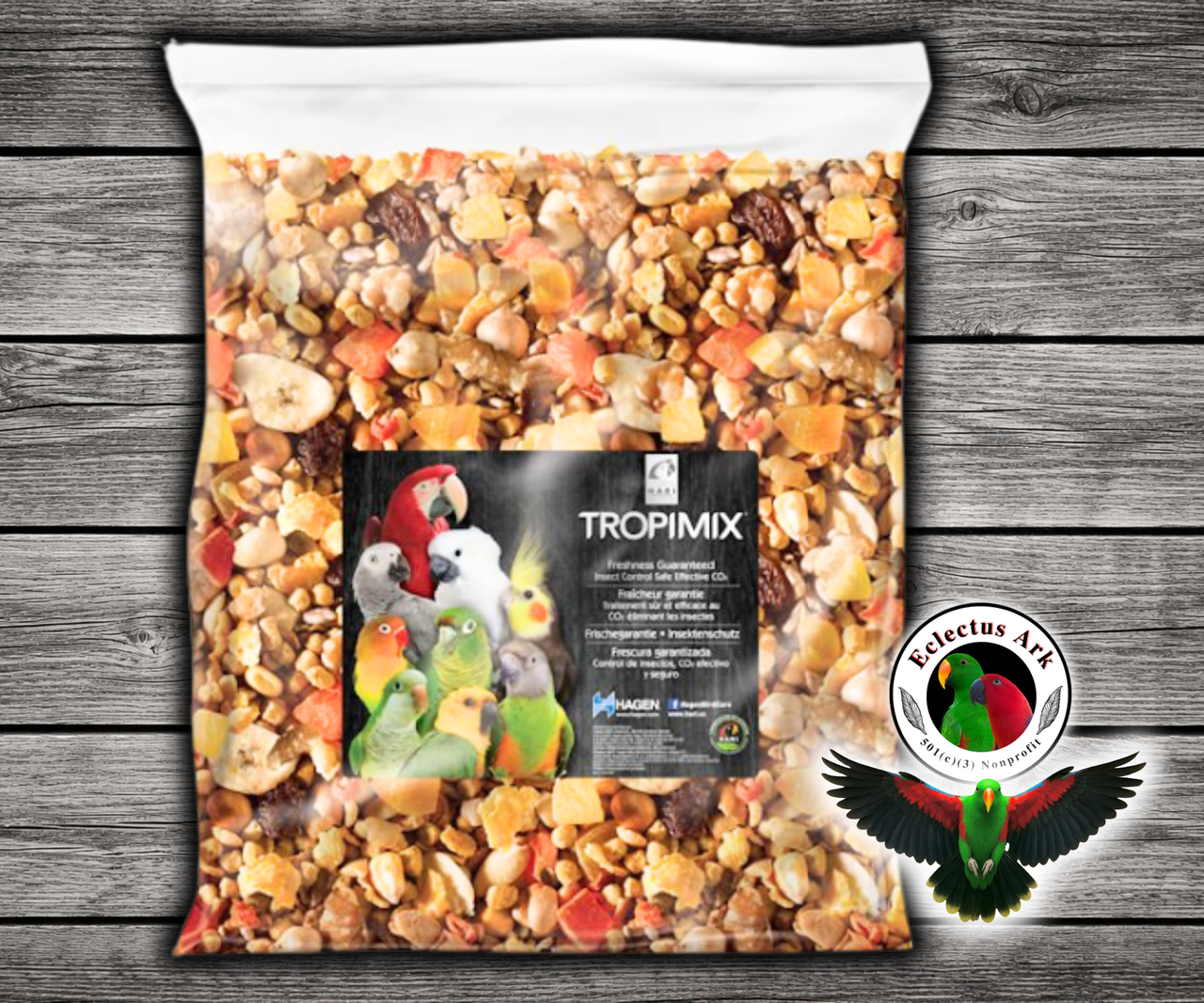 Tropimix Small Parrot Enrichment Mix by Hagen for Conures, Quakers, Caiques, Meyers, Senegals, Alexandrines, Amazons, and small parrots with grains, fruits, nuts, legumes, and extruded Tropican granules. 20 lb bag