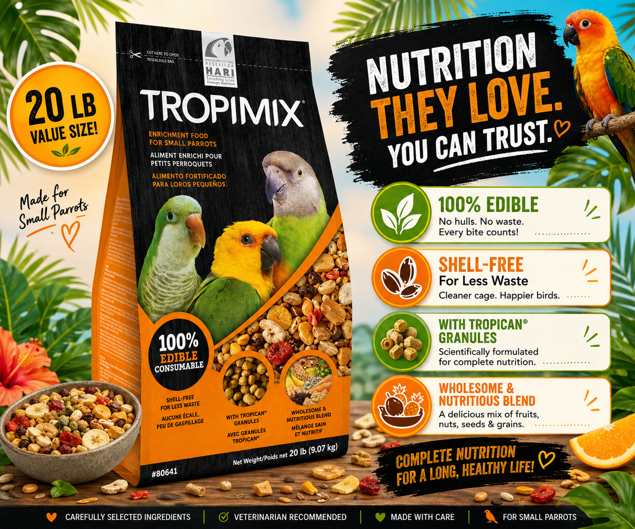 Tropimix Small Parrot Enrichment Mix by Hagen for Conures, Quakers, Caiques, Meyers, Senegals, Alexandrines, Amazons, and small parrots with grains, fruits, nuts, legumes, and extruded Tropican granules. 20 lb Bag Promotional Image