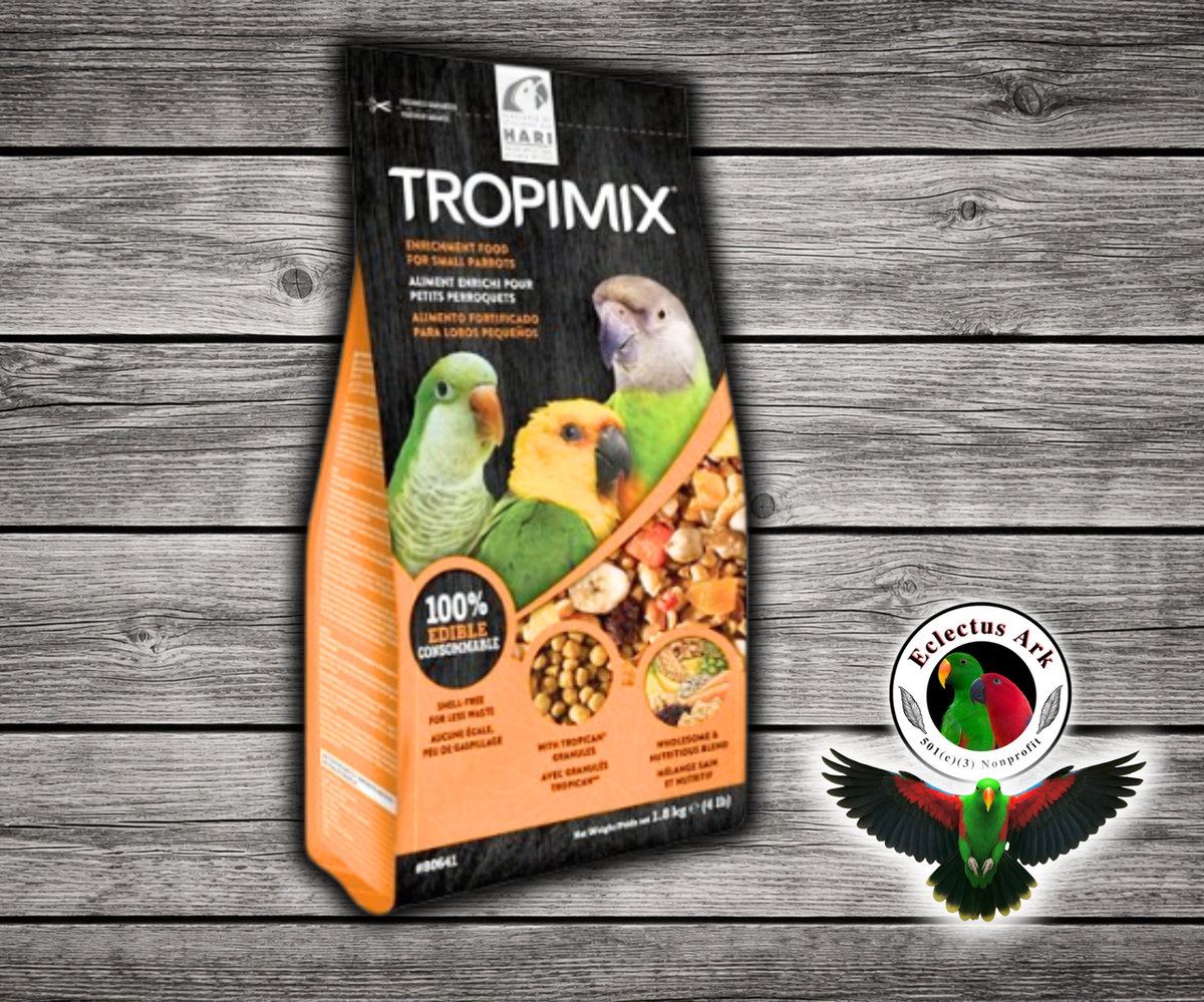 Tropimix Small Parrot Enrichment Mix by Hagen for Conures, Quakers, Caiques, Meyers, Senegals, Alexandrines, Amazons, and small parrots with grains, fruits, nuts, legumes, and extruded Tropican granules. 4 lb bag