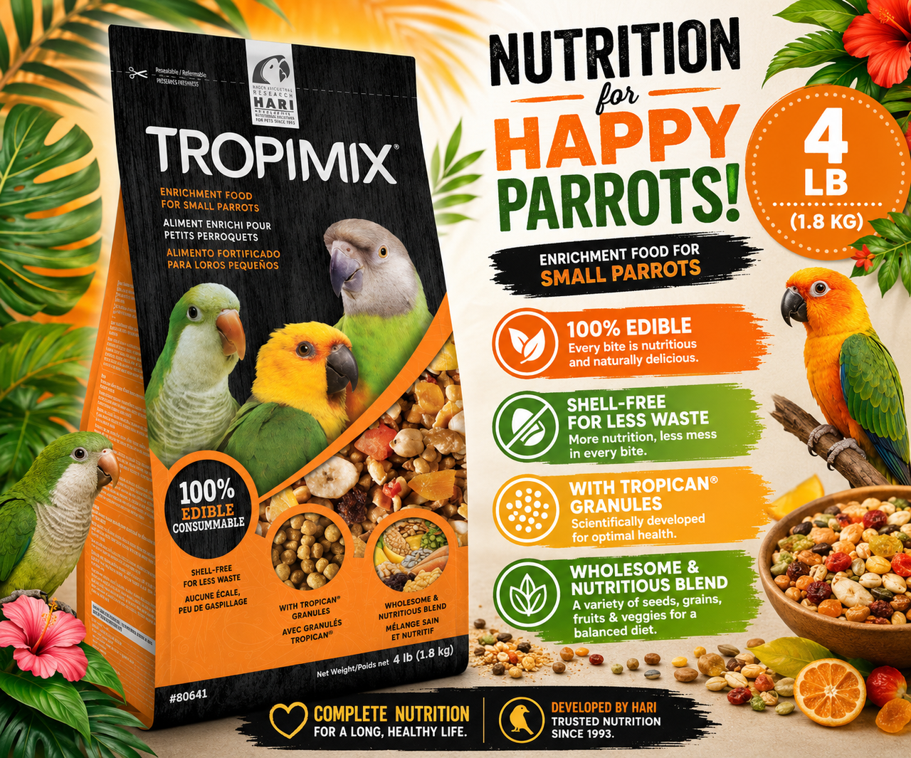 Tropimix Small Parrot Enrichment Mix by Hagen for Conures, Quakers, Caiques, Meyers, Senegals, Alexandrines, Amazons, and small parrots with grains, fruits, nuts, legumes, and extruded Tropican granules. 4 lb bag Promotional Image