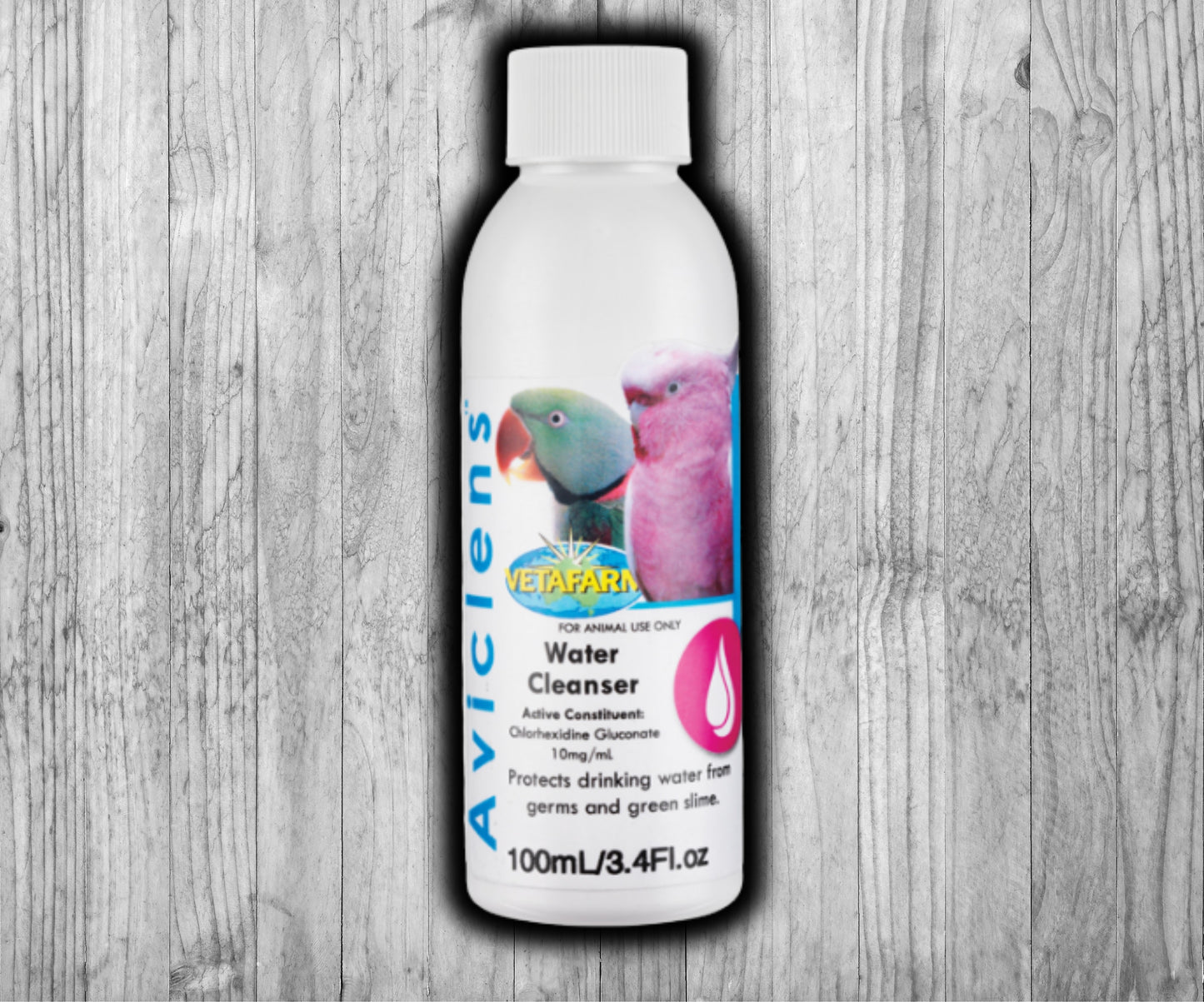 Vetafarm Aviclens water cleanser bottle for birds, keeps drinking water fresh and reduces bacteria, yeast, and algae contamination.