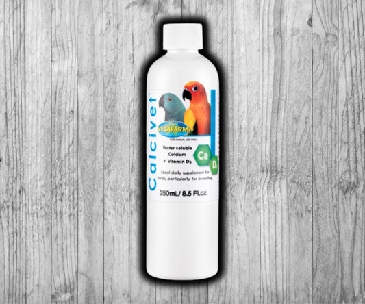 Vetafarm Calcivet calcium and vitamin D3 supplement for birds, supports strong bones, muscle development, and healthy eggshell formation.