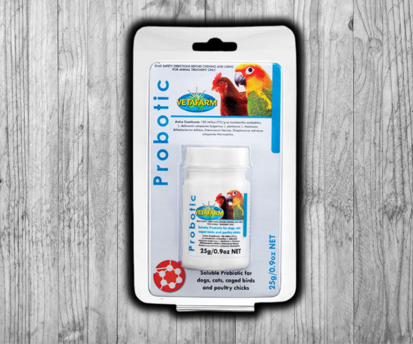 Vetafarm Probotic avian probiotic powder for restoring healthy gut flora in birds and small animals, improves digestion and immunity.