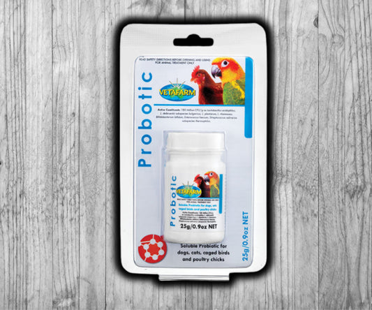 Vetafarm Probotic avian probiotic powder for restoring healthy gut flora in birds and small animals, improves digestion and immunity.