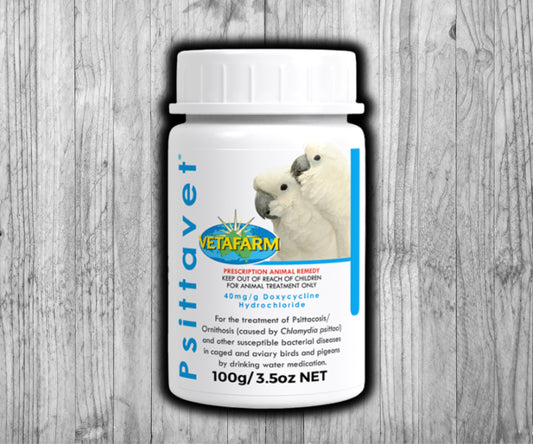 Vetafarm Psittavet bird medication for treating psittacosis and bacterial infections in parrots and pigeons.