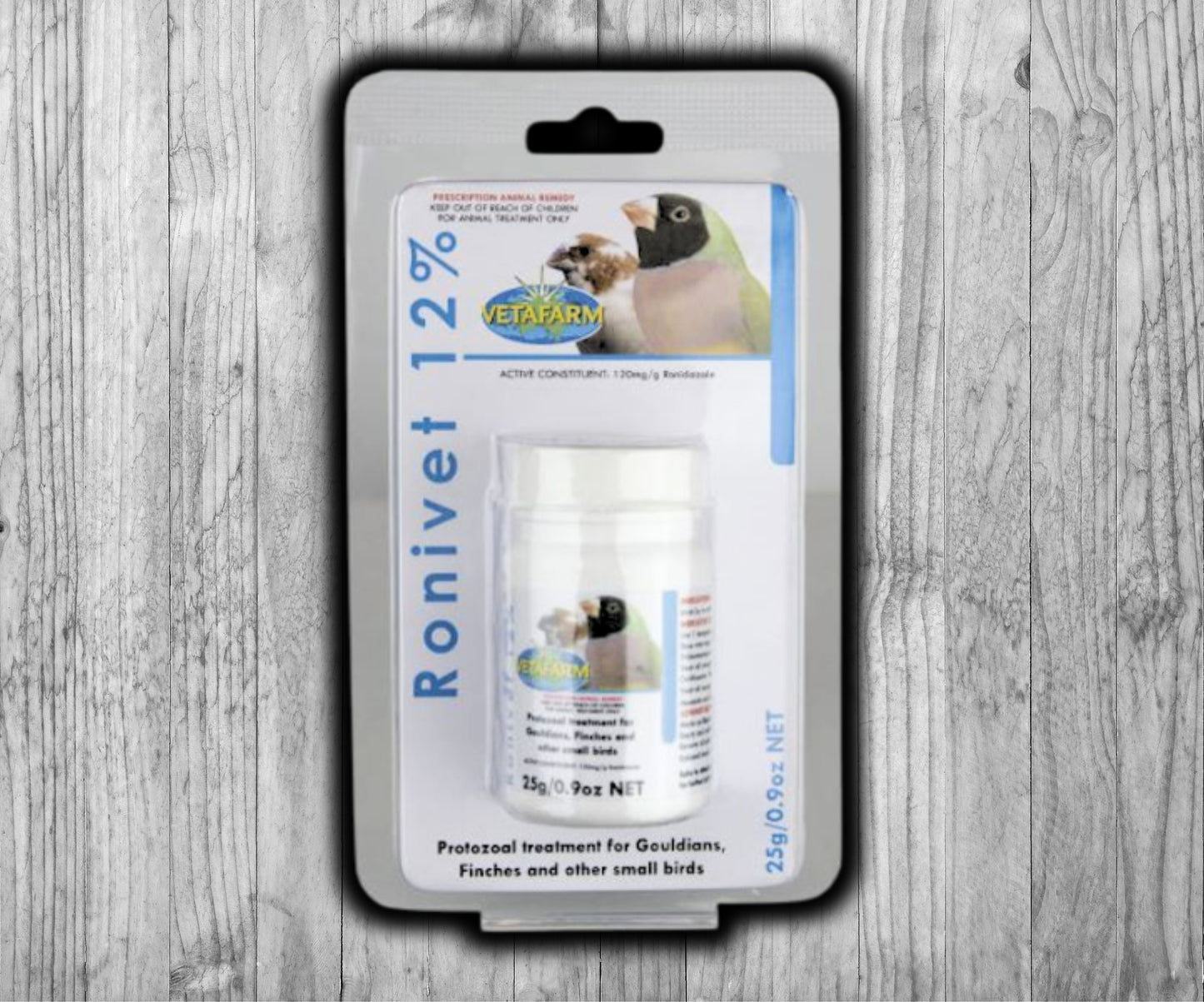 Vetafarm Ronivet 12% antiprotozoal powder for Gouldians, finches, and canaries, treats Trichomonas, Hexamita, Giardia, and Cochlosoma.