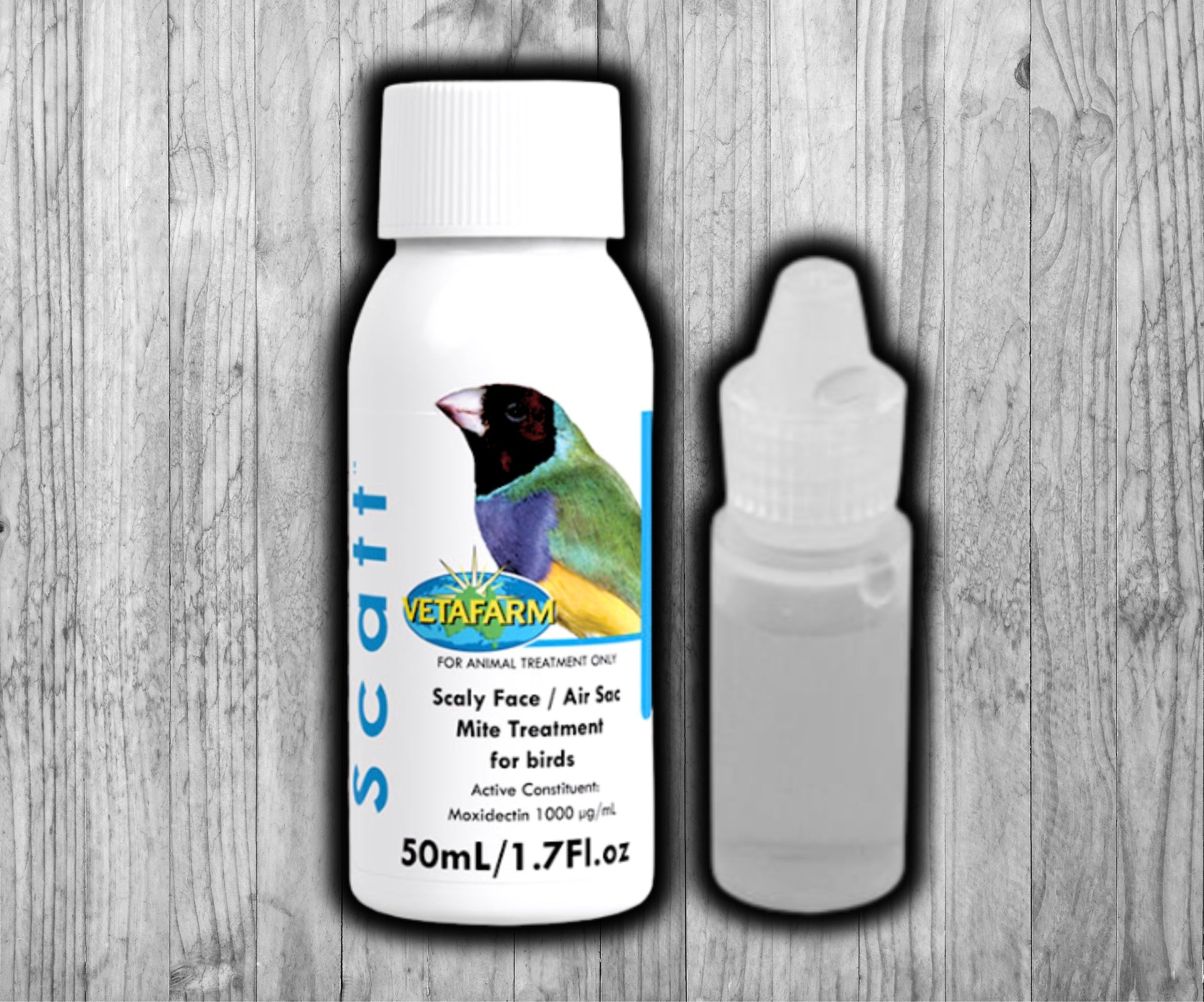 Vetafarm Scatt 50 ml bottle for bird mite treatment – Moxydectin formula with optional 6 cc dropper bottle