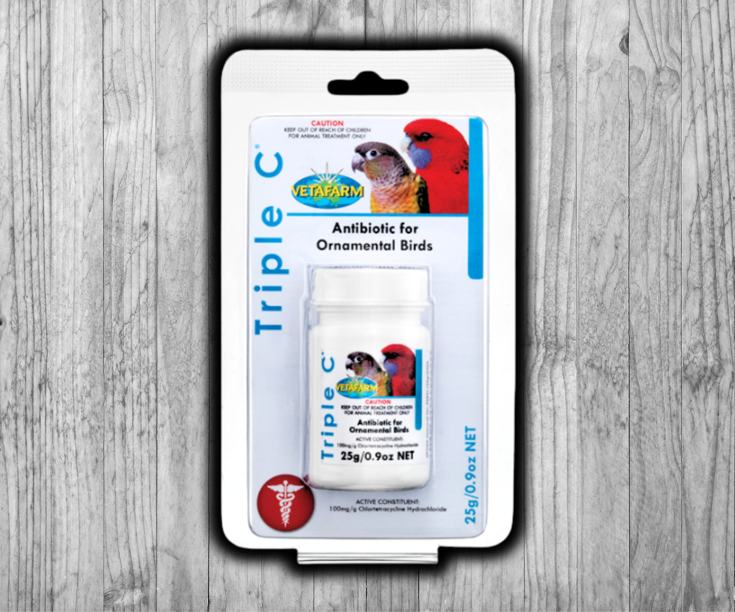 Vetafarm Calcivet bird supplement with calcium and chlortetracycline for preventing and treating bacterial infections and psittacosis.