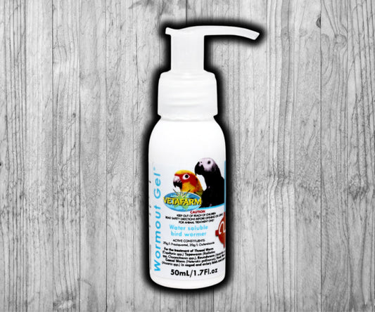 Vetafarm Wormout Gel for birds and pigeons, broad-spectrum wormer targeting threadworm, tapeworm, roundworm, caecal worm, and hookworm.
