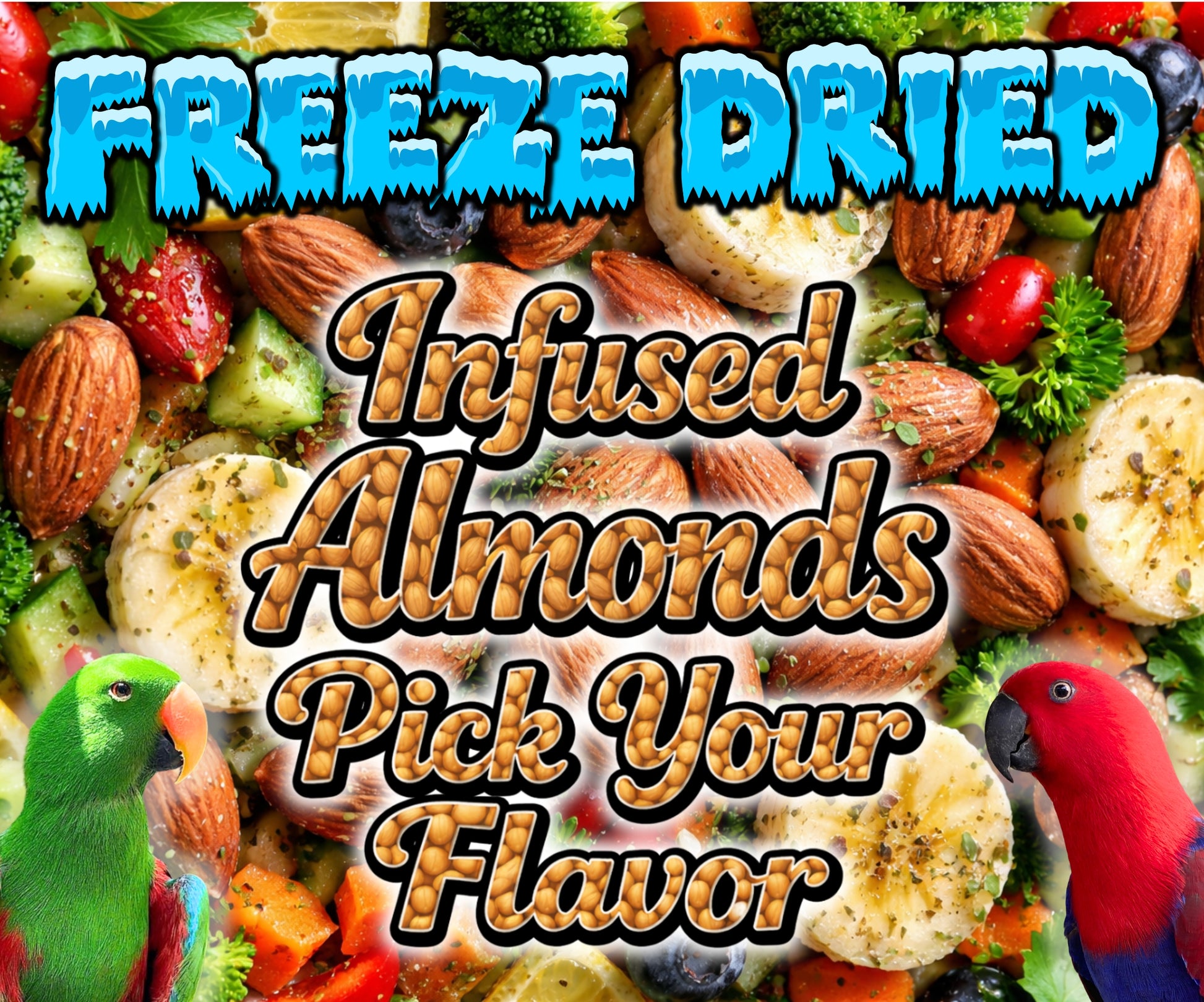Freeze-dried Italian seasoning infused almonds made by Eclectus Ark nonprofit to support parrot care and conservation