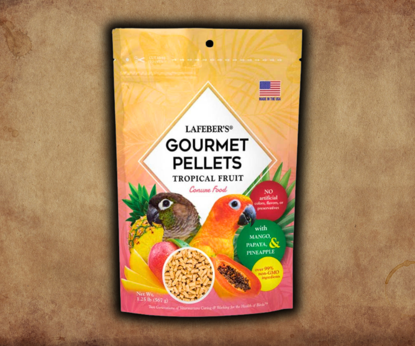 Bag of Lafeber Conure Tropical Fruit Gourmet Pellets — pellet food with real dried papaya, mango, pineapple, vitamins and omegas for conures and medium parrots.