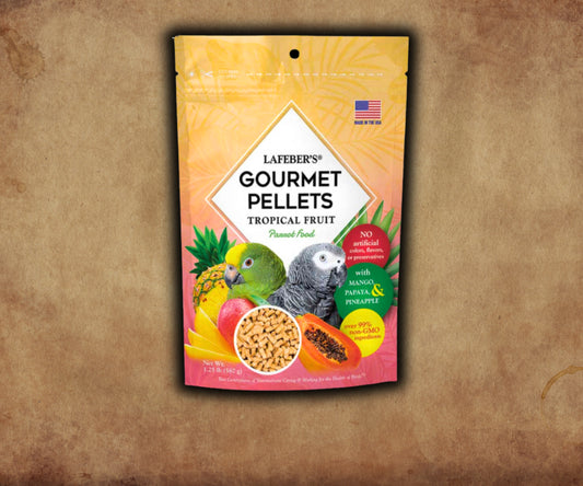 Bag of Lafeber Parrot Tropical Fruit Gourmet Pellets — pellet food with dried papaya, mango, pineapple, vitamins and omegas for medium to large parrots. 1.25 lb