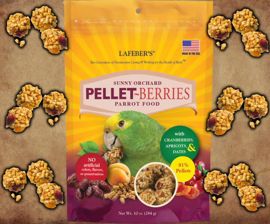Bag of Lafeber Pellet‑Berries for Parrots with pellet and dried fruit berry pieces, providing nutrition, taste, and enrichment for companion parrots.