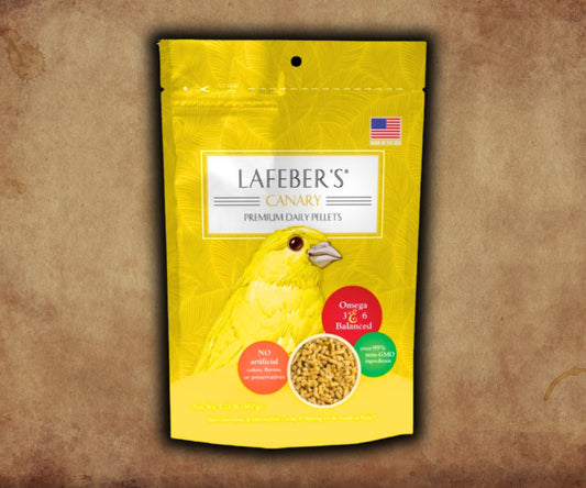 Bag of Lafeber Premium Daily Diet for Canaries — small‑pellet bird food with corn, soybean meal, egg protein, vitamins and omegas for daily nutrition.