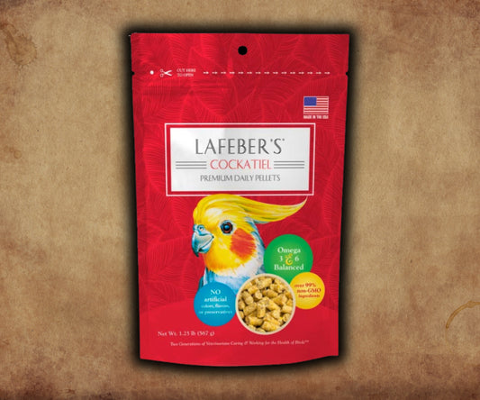 Bag of Lafeber Premium Daily Diet pellets for cockatiels and small parrots — ground corn and soy‑meal pellet food fortified with vitamins, minerals, and omegas for daily nutrition.