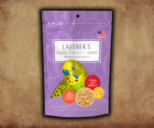 Bag of Lafeber Premium Daily Diet pellets for parakeets and small parrots — nutritious pellet food with corn, soybean meal, egg protein, vitamins and omegas for daily health.