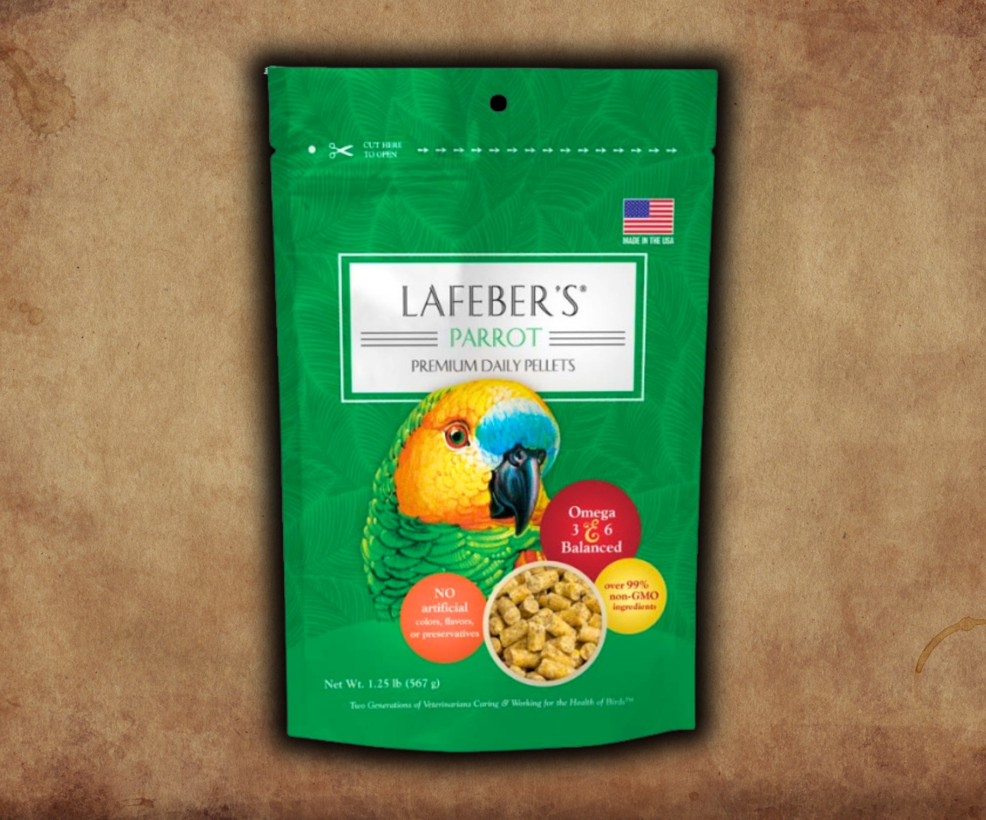 Bag of Lafeber Premium Daily Diet pellets for parrots — nutritious pellet food made from corn, soybean meal, whole‑egg protein, oat groats, vitamins and omegas to support parrot health.