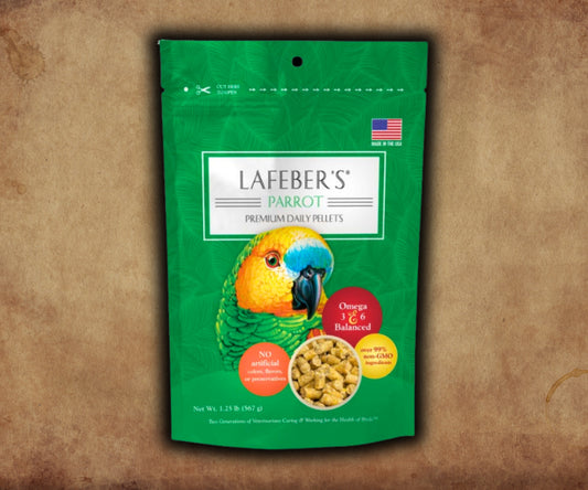 Bag of Lafeber Premium Daily Diet pellets for parrots — nutritious pellet food made from corn, soybean meal, whole‑egg protein, oat groats, vitamins and omegas to support parrot health.