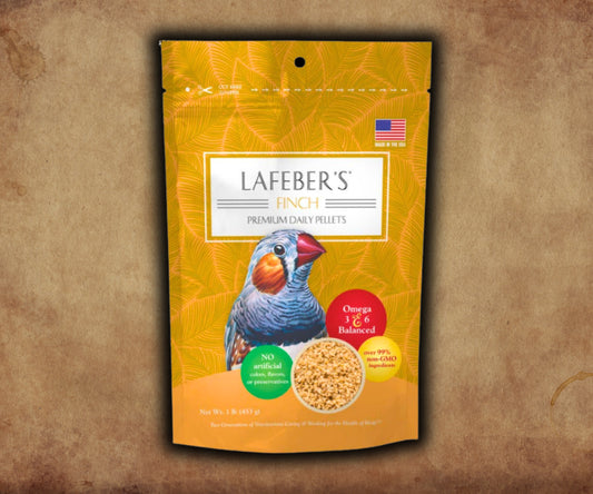 Bag of Lafeber Premium Daily Diet Granules for Finches — pelleted finch food with corn, soybean meal, oat groats, whole‑egg protein, vitamins and omegas for daily nutrition.