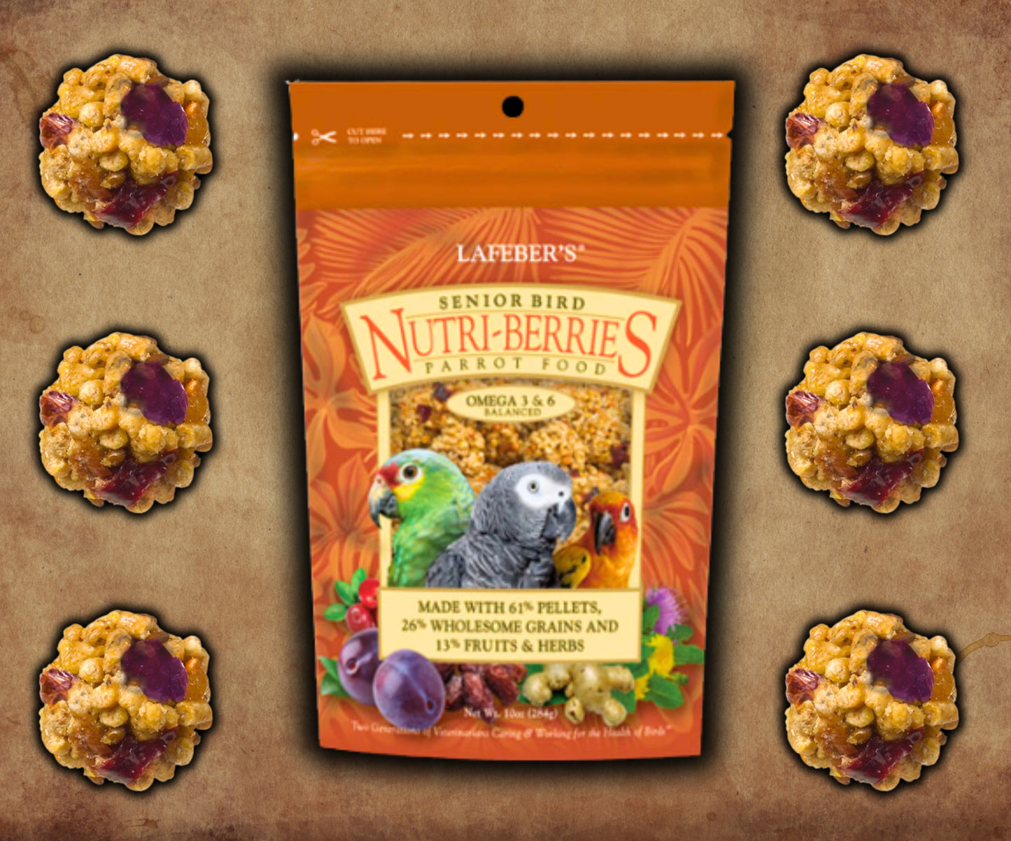 Bag of Lafeber Senior Bird Nutri‑Berries — pellet, grain and fruit‑based senior diet for parrots with joint‑support herbs and nutrients for aging birds.