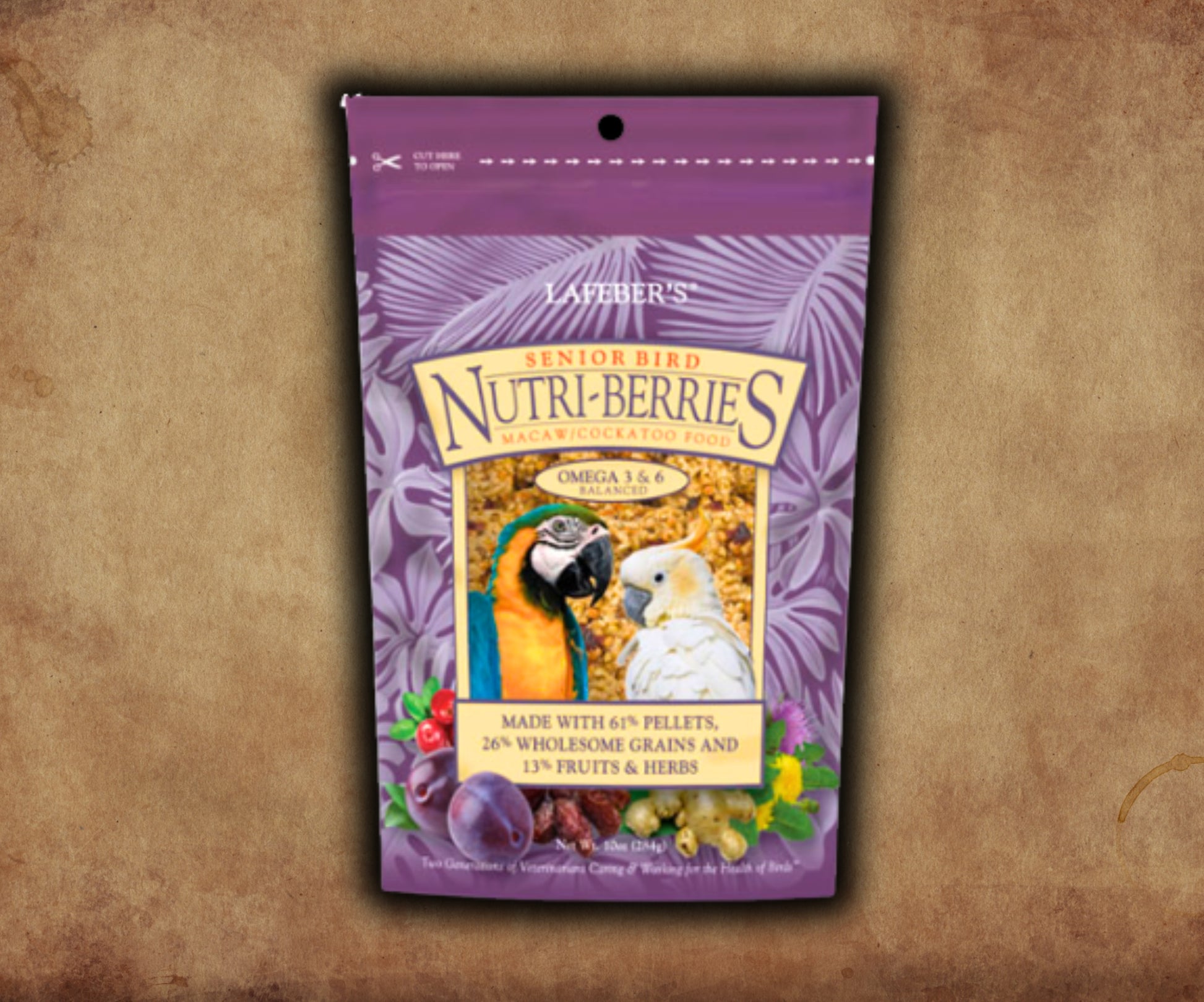 Bag of Lafeber Senior Bird Nutri‑Berries for Macaws & Cockatoos — berry‑shaped senior parrot food with pellets, grains, fruit, herbs and joint‑support supplements for aging birds
