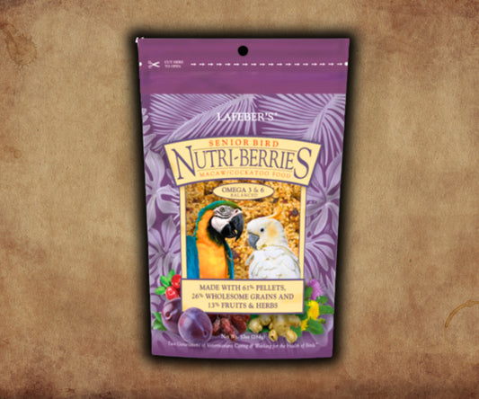 Bag of Lafeber Senior Bird Nutri‑Berries for Macaws & Cockatoos — berry‑shaped senior parrot food with pellets, grains, fruit, herbs and joint‑support supplements for aging birds