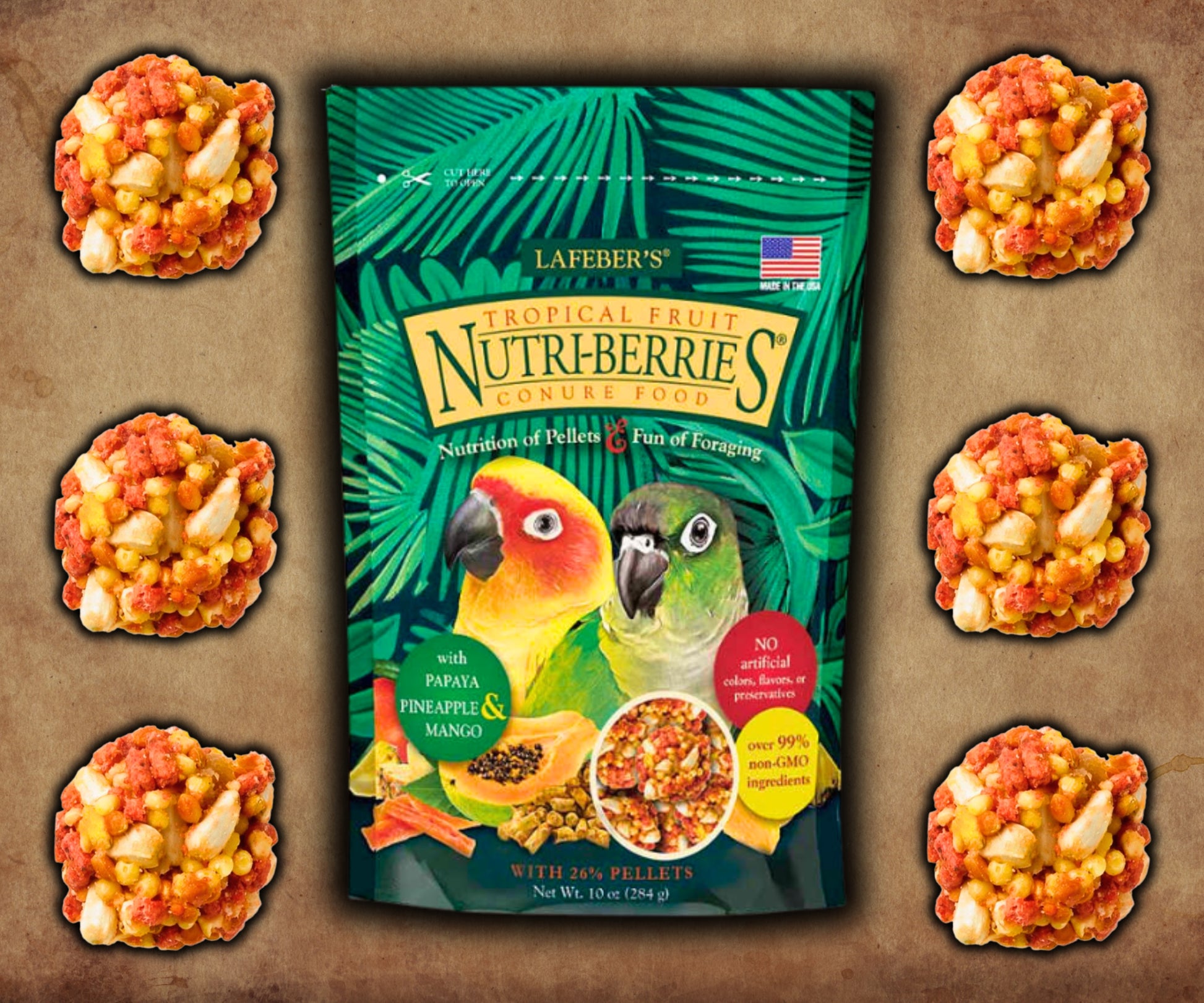 Bag of Lafeber Tropical Fruit Nutri‑Berries parrot food featuring whole seeds, grains, and dried pineapple, papaya, and mango — ideal for foraging, nutrition, and enrichment.