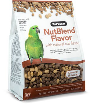 Bag of ZuPreem NutBlend Flavor pellets for parrots and conures showing balanced daily nutrition with nut flavors for medium to large companion parrots.
