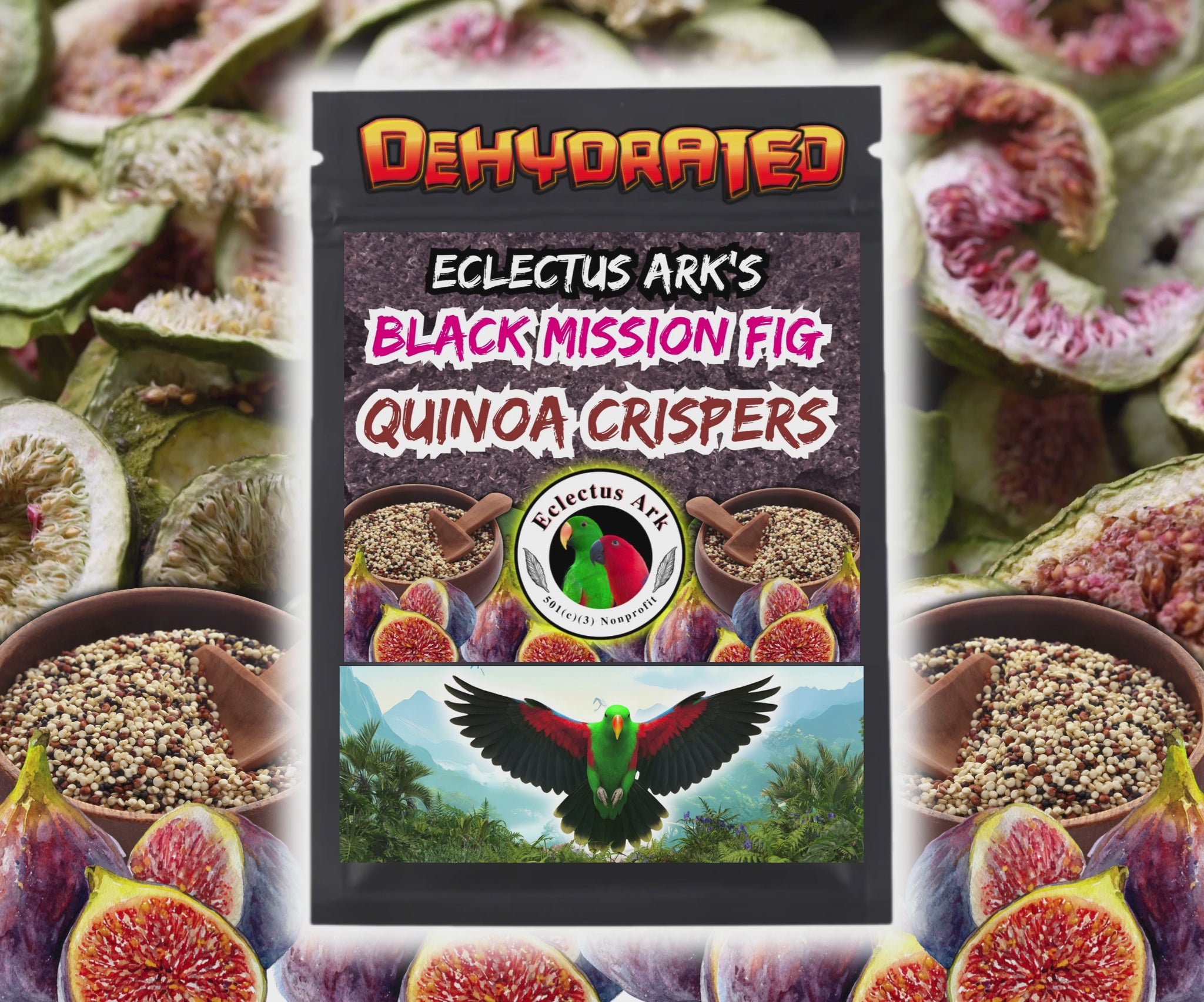 Close-up of dehydrated quinoa crispers with Black Mission fig prepared by Eclectus Ark for parrots