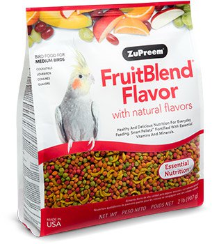 Bag of ZuPreem FruitBlend Flavor cockatiel pellets showing colorful daily nutrition food for cockatiels, lovebirds, Quakers, and small conures.
