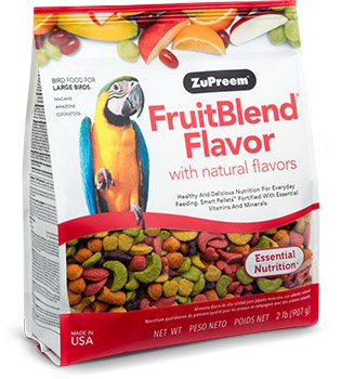 Bag of ZuPreem FruitBlend Flavor large parrot pellets showing colorful daily nutrition food for macaws, cockatoos, large amazons, and other large parrots.
