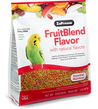 Bag of ZuPreem FruitBlend Flavor parakeet pellets showing colorful daily nutrition food for parakeets, budgies, parrotlets, and other small birds.
