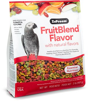 Bag of ZuPreem FruitBlend Flavor Parrot & Conure ML pellets showing colorful daily nutrition food for conures, African greys, amazons, eclectus, and other medium to large parrots.

