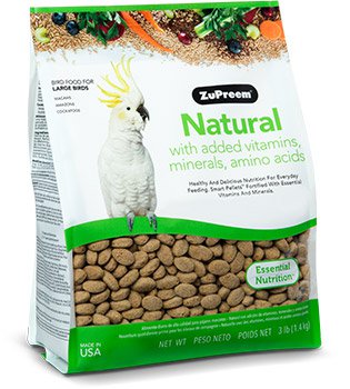 Bag of ZuPreem Natural large parrot pellets showing wholesome daily nutrition made with natural ingredients for macaws, cockatoos, amazons, and other large parrots.
