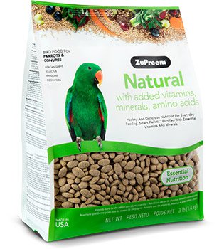 ZuPreem Natural pellet food for parrots and conures, providing balanced daily nutrition for medium-sized birds including conures, Quakers, and small parrots, sold by Eclectus Ark.
