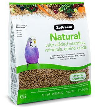 Bag of ZuPreem Natural small bird pellets showing wholesome daily nutrition made with natural ingredients for parakeets, finches, canaries, and other small birds.
