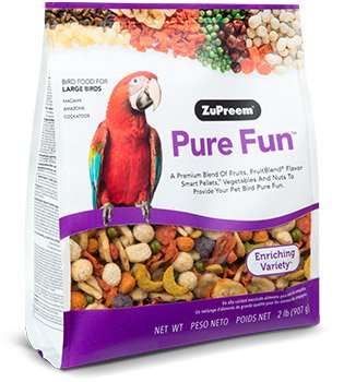 Bag of ZuPreem Pure Fun food blend for large parrots showing premium mix of fruits, pellets, vegetables, and nuts designed to enrich and excite macaws, cockatoos, and large parrots.
