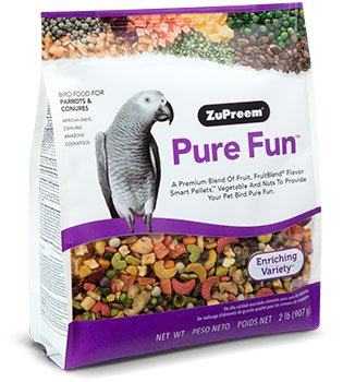 Bag of ZuPreem Pure Fun food blend for parrots and conures showing colorful mix of fruits, pellets, vegetables, and seeds designed to encourage foraging and enrichment.
