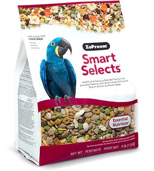 Bag of ZuPreem Smart Selects food blend for macaws and large parrots showing premium daily nutrition mix with seeds, pellets, fruits, and vegetables for large companion birds.
