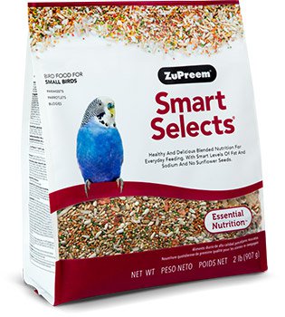 Bag of ZuPreem Smart Selects food blend for parakeets and small parrots showing premium daily nutrition mix with seeds, pellets, fruits, and vegetables for small companion birds.

