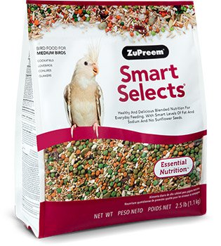 Bag of ZuPreem Smart Selects food blend for parakeets and small parrots showing premium daily nutrition mix with seeds, pellets, fruits, and vegetables for small companion birds.
