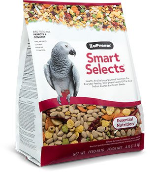 Bag of ZuPreem Smart Selects food blend for parrots and conures showing premium daily nutrition mix with seeds, pellets, fruits, and vegetables for medium companion parrots.
